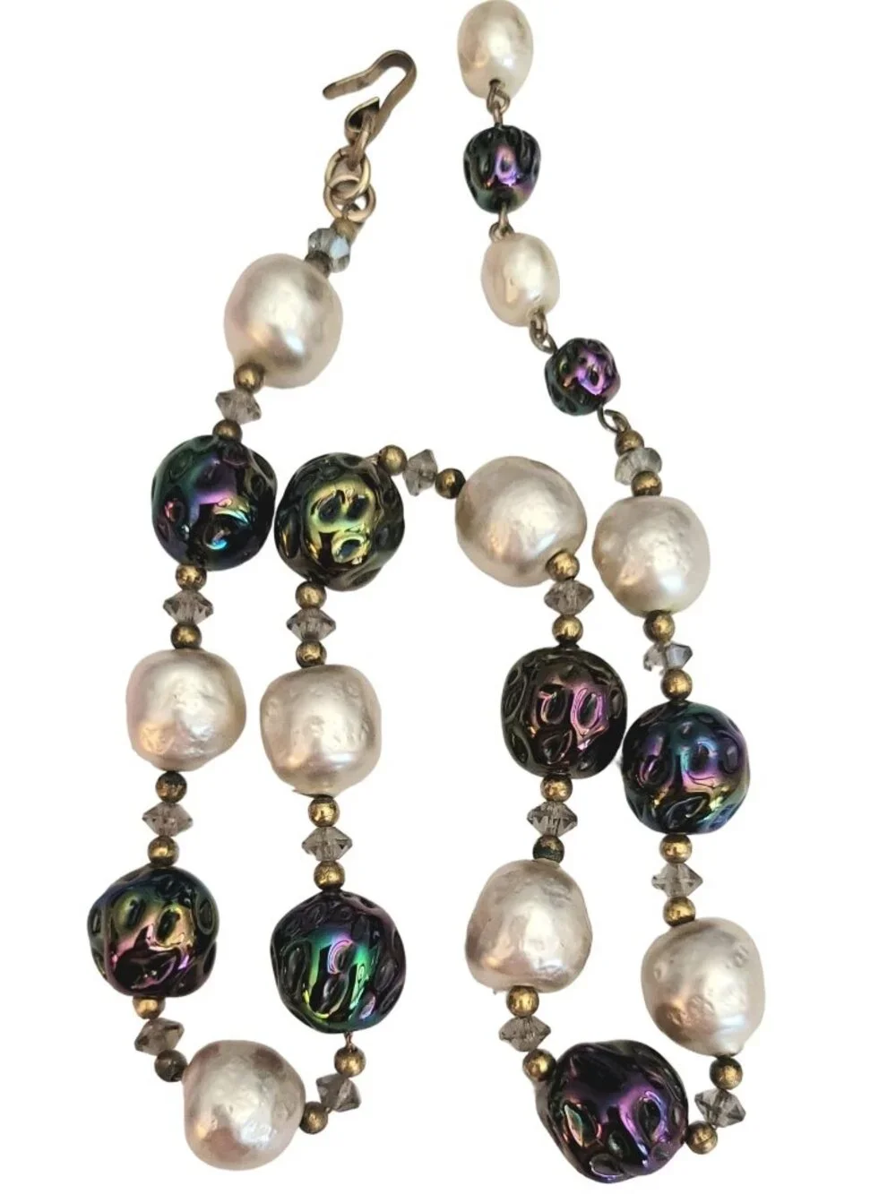Peacock AB Art Glass, Hook Clasp, Faux Pearl Bead Necklace, 16.5 Inches M571